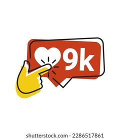 9k icon likes. 9k counter notification icon. Follower. Button, ui, web. 9000 social media likes. Hand click finger icon vector