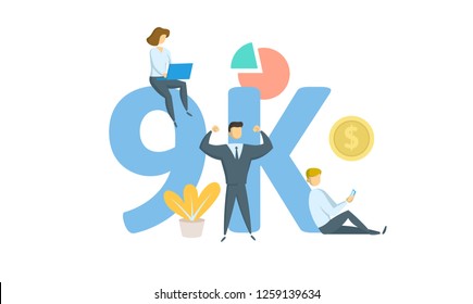 9K likes, followers online social media banner. Concept with keywords, letters, and icons. Colored flat vector illustration. Isolated on white background.