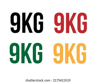 9 kg de texto. Vector con valor en kilogramos negro, rojo, verde y naranja sobre fondo blanco.