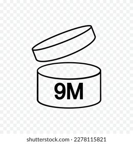 9m PAO icon. 9 months period after opening sign. Thin line jar with open lid and number. Product freshness time. Cosmetic, shampoo, makeup validity label isolated on transparent background