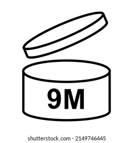 9m period after opening pao icon sign flat style design vector illustration isolated white background. 9 month day expiration period for cosmetic packaging line art symbol.