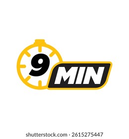 9-Minute Stopwatch Icon - Bright Yellow Timer with Black Markings and Bold '9 MIN' Text on a Contrasting Background - Ideal Graphic for Time Tracking and Productivity