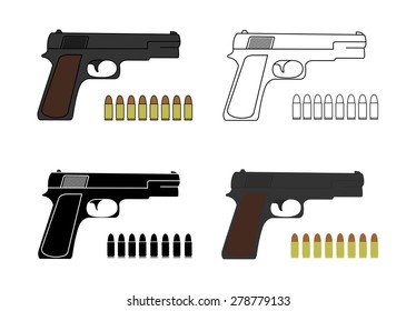 9mm pistols set with bullets. Game resources. Color, contour, black. Vector clip art illustrations isolated on white 