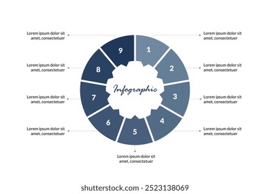 Infográfico de vetor circular de 9 etapas: um modelo profissional para apresentações de negócios, diagramas de processos e layouts de fluxo de trabalho. Visualização de dados e estratégia de marketing em um design moderno.