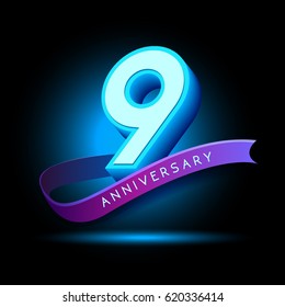 9th Anniversary 3D text with glow effect .celebration vector  template design