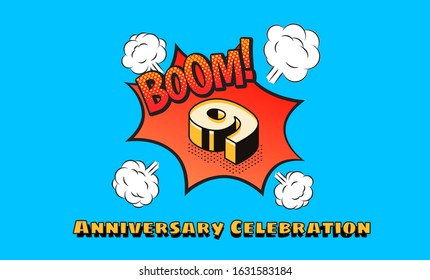 9th anniversary background comic theme with blue background and isometric numeric, editable vector eps 10