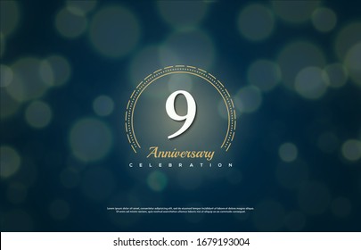 9th anniversary background with an illustration of white gold writing figures below there is a blur circle on the back.