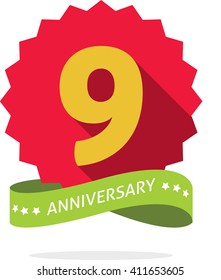 9th anniversary badge with shadow on red starburst and yellow number 9 (nine). 9 years anniversary icon. Ninth years symbol, ribbon, vector emblem isolated on white
