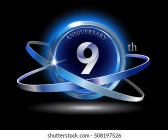 9th anniversary with blue ring graphic elements on black background