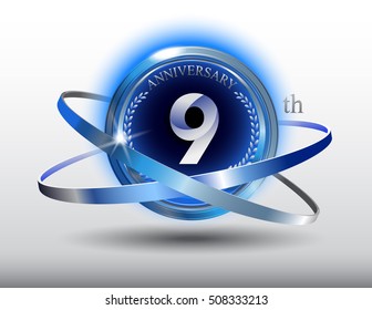 9th anniversary with blue ring and laurel on white background