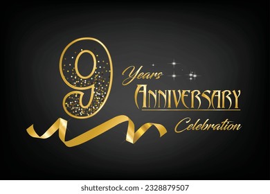 9th Anniversary Celebrating golden text and confetti on dark background with numbers. 