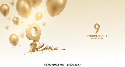 9th Anniversary celebration background. 3D Golden numbers with bent ribbon, confetti and balloons.