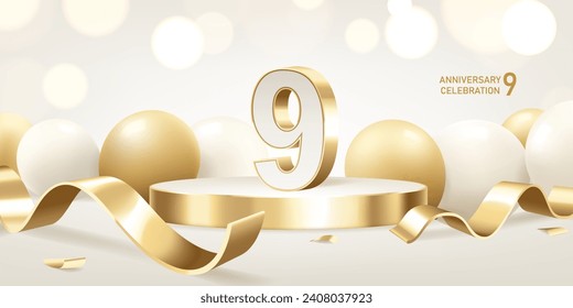 9th Anniversary celebration background. Golden 3D numbers on round podium with golden ribbons and balloons with bokeh lights in background.