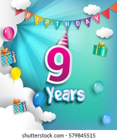 9th Anniversary Celebration Design, with clouds and balloons. using Paper Art Design Style, Vector template elements for your, nine years birthday celebration party.
