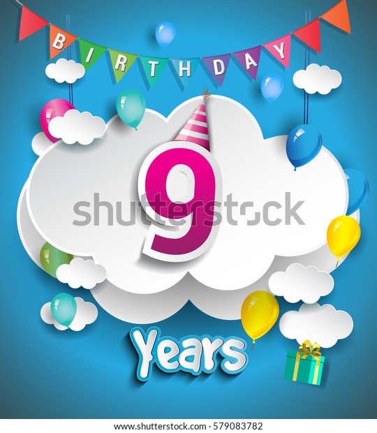 9th Anniversary Celebration Design Clouds Balloons Stock Vector ...