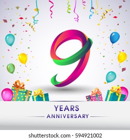 9th Anniversary Celebration Design, with gift box, balloons and confetti, Colorful Vector template elements for your, nine years birthday celebration party.