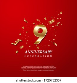 9th Anniversary celebration. Golden number 9 with sparkling confetti, stars, glitters and streamer ribbons on red background. Vector festive illustration. Birthday or wedding party event decoration