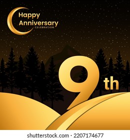 9th anniversary, Anniversary Celebration with golden text, isolated on mountains background, vector template illustration