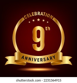 9th Anniversary Celebration. Anniversary Celebration Logo Design with Golden Ring and Ribbon, Vector Template Illustration
