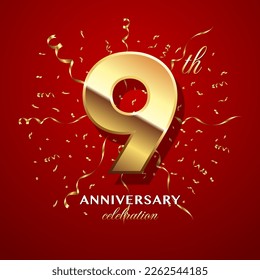 9th Anniversary Celebration. logo design with golden numbers and text for birthday celebration event, invitation, wedding, greeting card, banner, poster, flyer, brochure. Logo Vector Template