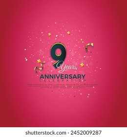 9th Anniversary celebration, anniversary logotype, 9 Anniversary celebration, Realistic 3d sign, stars, festive illustration, Pink background with Dark Blue number 9,10