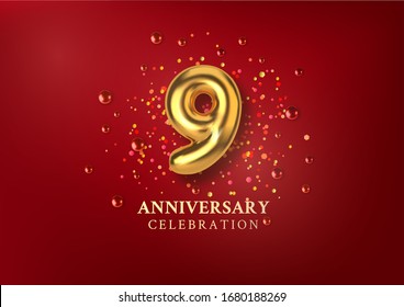 9th Anniversary celebration. Number in the form of golden balloons. Realistic 3d gold numbers and sparkling confetti, glitters. Horizontal template for Birthday or wedding event. Vector illustration