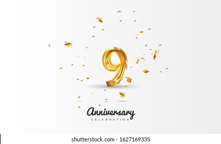 9th Anniversary celebration Vector background by using two colors in the design between gold and white, Golden number 9 with sparkling confetti Realistic gold 3d sign. Birthday or wedding party