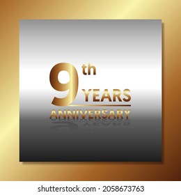 9th anniversary, anniversary celebration vector design with gold color on silver and gold background with square shape.