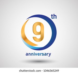 9th anniversary design with blue and golden circle isolated on white background for celebration