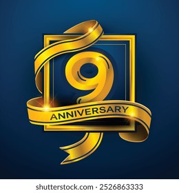 9th Anniversary diseña una cinta dorada envuelta alrededor del número '9' sobre un fondo azul oscuro. Perfecto para celebrar hitos o promover eventos de aniversario con un lujo.