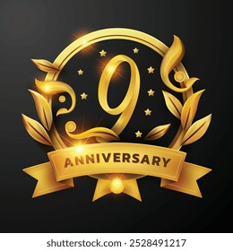 Diseño del noveno aniversario de una cinta de oro y una hoja de oro Decorado alrededor del número '9' sobre un fondo negro. Perfecto para celebrar hitos o promover eventos de aniversario con un lujo.