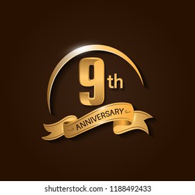 9th Anniversary design logotype. Anniversary logo design with swoosh and elegance golden ribbon. Vector template for use celebration, invitation card, and greeting card