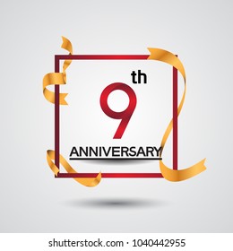 9th anniversary design with red color in square and golden ribbon isolated on white background for celebration