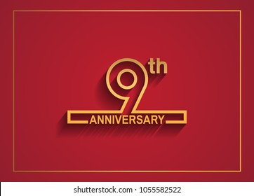 9th anniversary design with simple line style golden color isolated on red background for celebration event