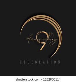 9th anniversary, design templates vector and illustrations with golden color and dark background