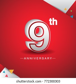 9th anniversary design with white number  on red background and confetti for celebration