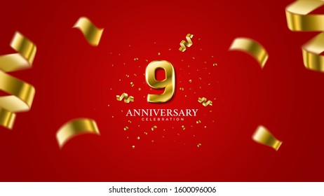 9th anniversary . Gold Numbers with shadow and sparkling confetti. Modern elegant gradient red background design vector EPS 10. For wedding party or company event decoration.