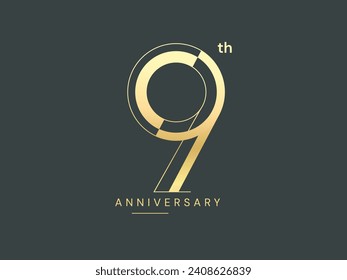 9th Anniversary Gold premium text number Typography celebration logo vector illustration design concept. Nine years anniversary gold logo template for celebration event, invitation, greeting, company.