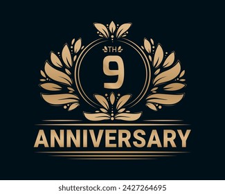 9th Anniversary Golden Design. Anniversary celebration decorative background.