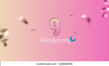 9th anniversary. Gradient pink and yellow Numbers with sparkling confetti. Modern elegant gradient background design vector EPS 10. For wedding party or company event decoration.