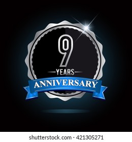 9th anniversary logo with blue ribbon and silver shiny badge, vector design for birthday celebration