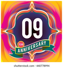 9th anniversary logo with colorful badge and frame. Anniversary signs illustration. Vibrant colors anniversary logo with stylish background