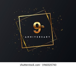 9th Anniversary Logo With Confetti And Golden Frame Isolated On Black Background, Vector Design For Greeting Card And Invitation Card.