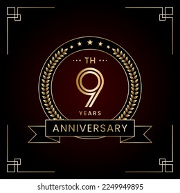 Concepto de diseño con logo del 9º aniversario con corona de laurel para la celebración del cumpleaños. Diseño de arte de línea, plantilla de vectores de logotipos