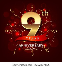 9th Anniversary logo design with golden numbers and red ribbon for anniversary celebration event, invitation, wedding, greeting card, banner, poster, flyer, brochure, book cover. Logo Vector Template