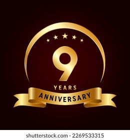 9th Anniversary logo design with golden ribbon. Logo Vector Template Illustration