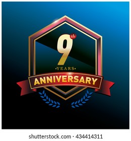 9th anniversary logo with gold ring and red ribbon. Anniversary signs illustration. Gold anniversary logo design and illustration