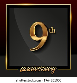 9th anniversary logo golden colored isolated on black background, vector design for greeting card and invitation card.