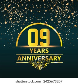 9th anniversary logo with golden ring, confetti and red ribbon isolated on elegant black background, sparkle, vector design for greeting card and invitation card