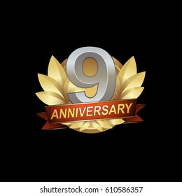 9th Anniversary logo with golden wreath, silver number, red ribbon, black background